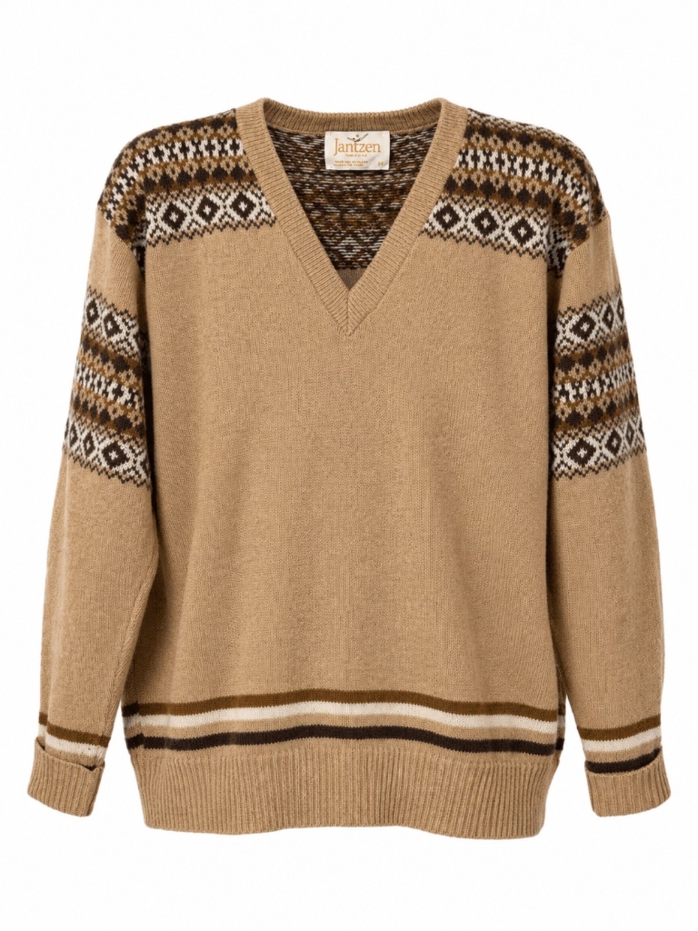 Vintage Jantzen Fair Isle Sweater Tan Brown Grandpa Core V Neck M